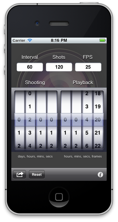 Screenshot of the Timelapse Calculator app in use on an iPhone 4